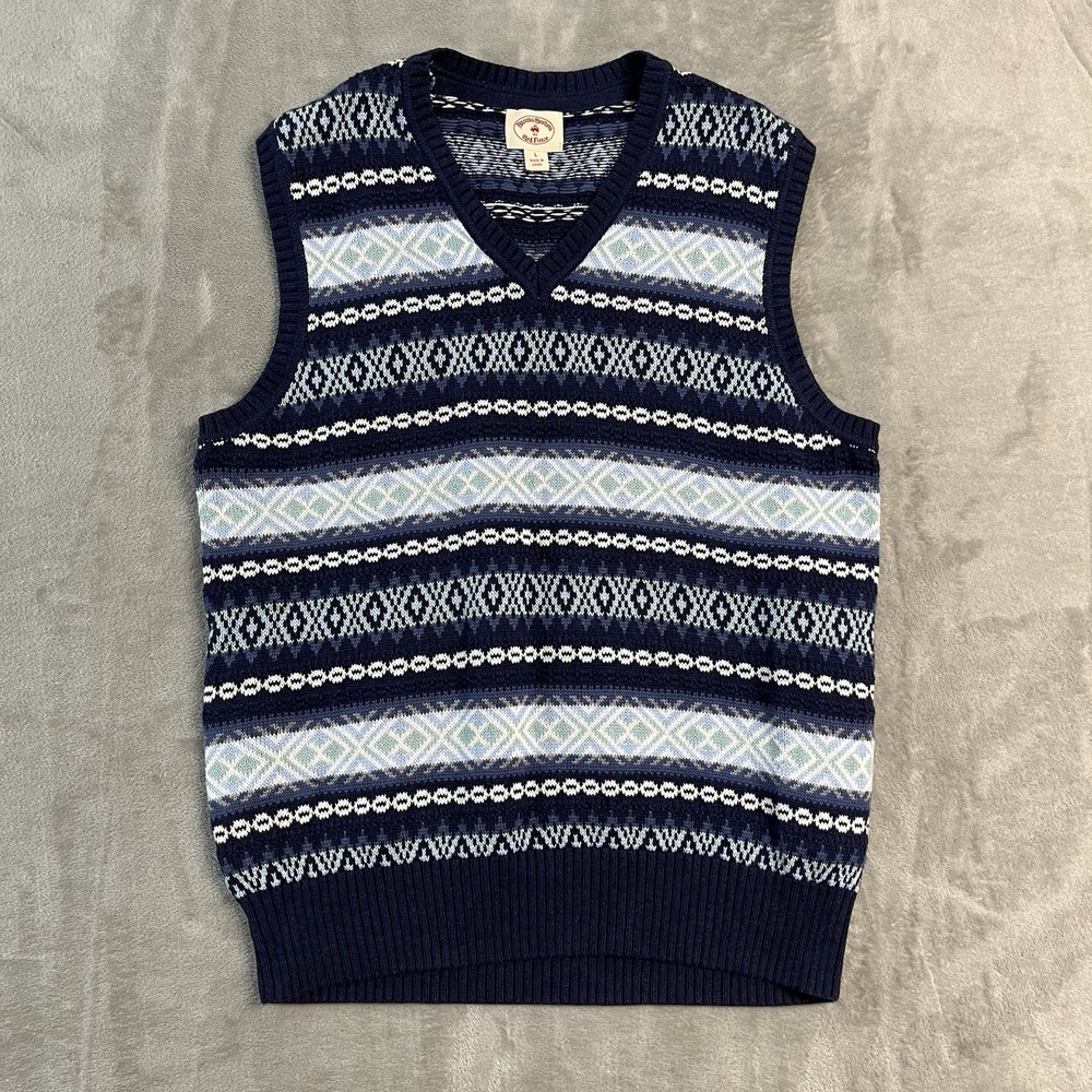 Brooks Brothers Blue Fleece Fair Isle Sweater Vest Mens Large Blue Cotton V Neck